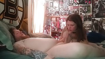 Fat guy gets high in bed with his BBW wife