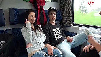 Brunette with his mom in the train have a group sex with double penetration