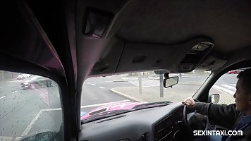 Brunette in taxi car blowjob and spreads legs for backseat sex